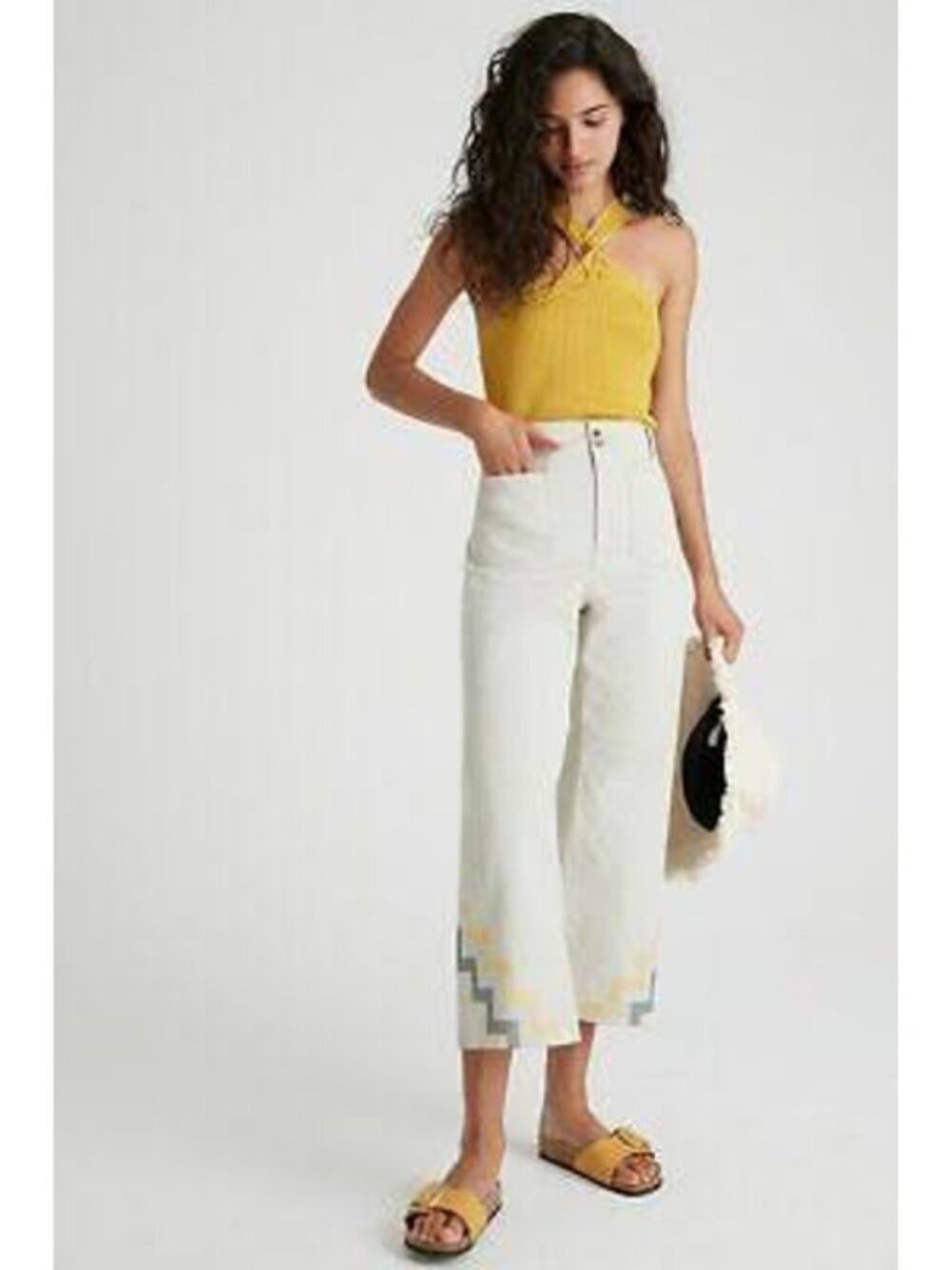 Anthropologie Hallee Embroidered Wide Leg Pants Khaki High Rise Cropped Twill 10